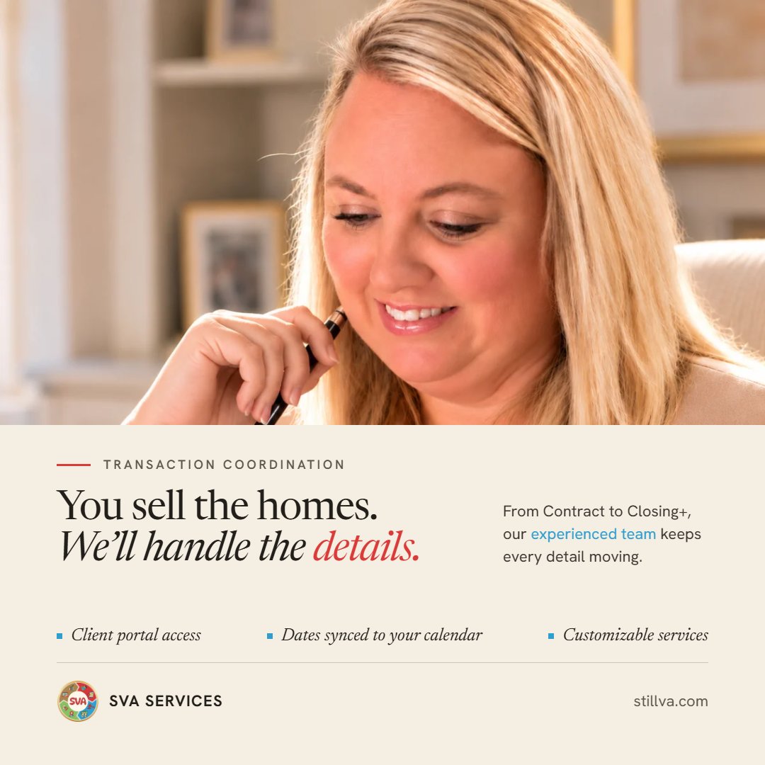 SVAServicesLLC's tweet photo. You focus on selling homes. 🏡 We'll handle the contracts, deadlines, and details that come after! That's what we're here for! ❤️💙

#TransactionCoordinator #RealEstateAgents https://t.co/ZYV096koo2