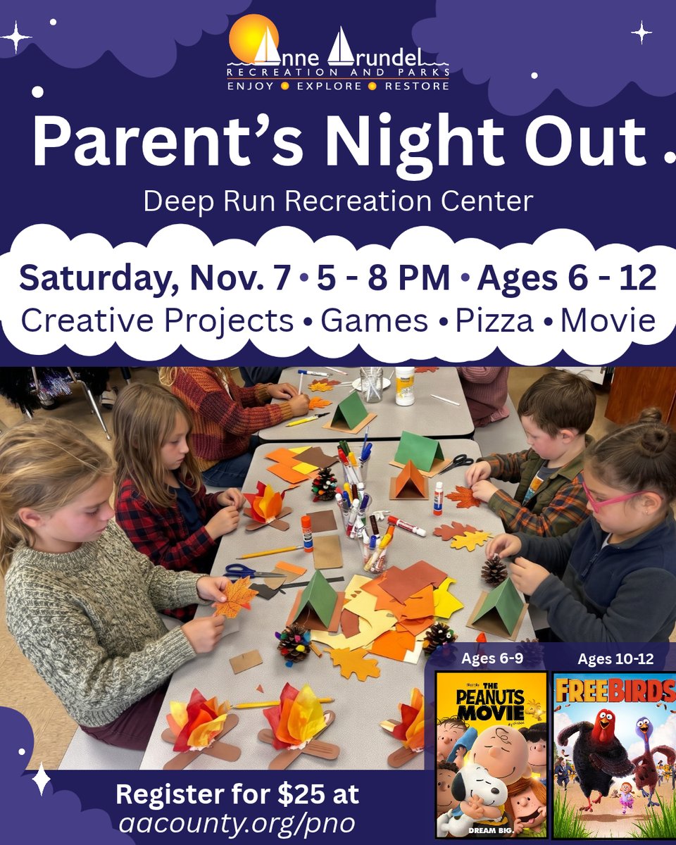 RecParks's tweet photo. 🌙 Parents, take the night off! Drop the kids (ages 6–12) off for Parents’ Night Out at Deep Run Rec Center! 🍕🎨🎬✨

Features creative projects, games, pizza &amp; a movie!

🗓️ Sat, Nov 7 | 5:00 – 8:00 PM

📍 Deep Run Rec Center (Hanover)

🔗 Register: https://t.co/DPCsJe0taB https://t.co/4ZnzUDNxWq