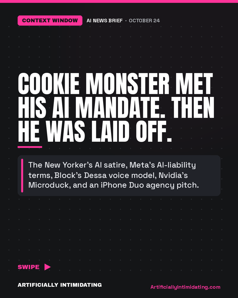 A_Intimidating's tweet photo. Cookie Monster got an AI mandate from The New Yorker. The recipe said 475 degrees.

Also in today's brief: Meta's new contract puts its AI's mistakes on you, and 20,000 people preordered a robot duck.

https://t.co/wrWg2g5wNB https://t.co/j4G1eKzNIm
