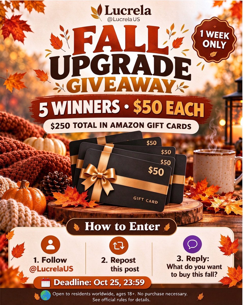 LucrelaUS's tweet photo. 🍂 Almost over! FALL UPGRADE GIVEAWAY ends soon 🎁
Don’t miss your shot at a $50 Amazon Gift Card (5 winners)!🎉

How to enter:
1. Follow @LucrelaUS
2. Repost this post
3. Reply: What do you want to buy this fall?

⏰ Ends Oct 25, 23:59
#AmazonGiveaway #Giveaway #AmazonGiftCard https://t.co/DHK2fSyN9a