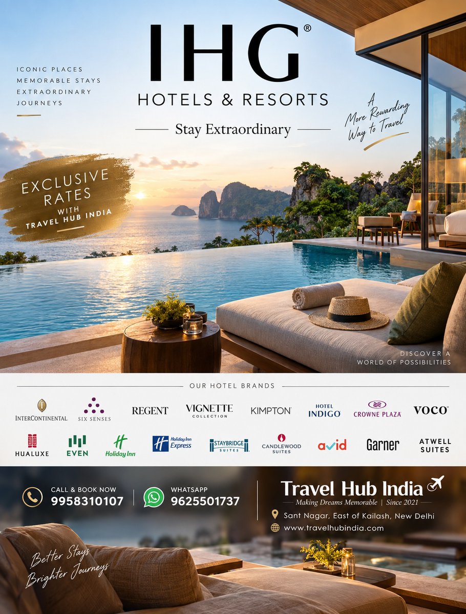 AhmeTCopcu's tweet photo. Stay extraordinary. Travel better with IHG Hotels &amp; Resorts. Exclusive rates with Travel Hub India for luxury holidays, family vacations, honeymoons, business trips and weekend escapes. Call: 9958310107
WhatsApp: 9625501737
Sant Nagar, East of https://t.co/wBAYcfKgrg