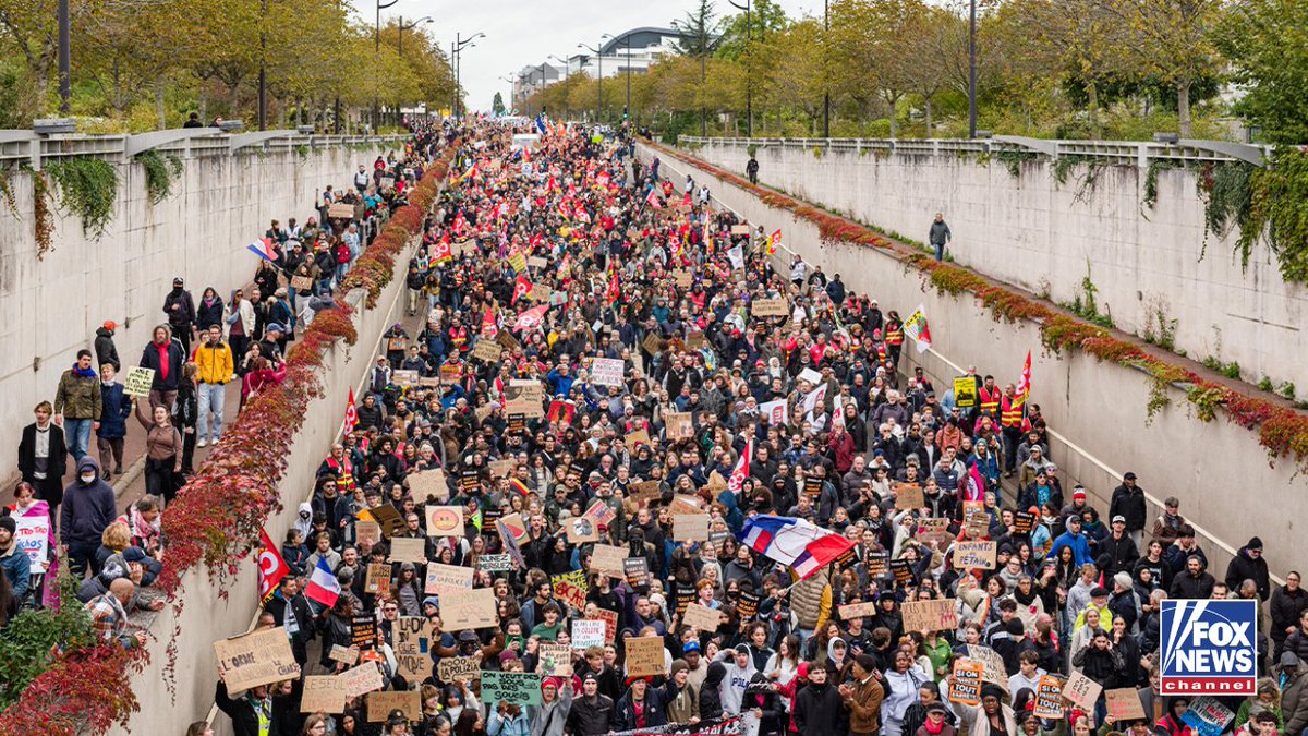 FoxNews's tweet photo. France is bracing for another tense weekend as thousands of protesters take to the streets of Orléans, marching against Marine Le Pen's National Rally convention.

"All united against fascism," reads one massive banner carried through the streets, while other demonstrators hold signs declaring "Long live the revolution."

The demonstrations come one week after riots and looting swept through parts of France, and another protest is already planned for Sunday near the convention.

Follow the latest developments: https://t.co/qwT2eyHaWy