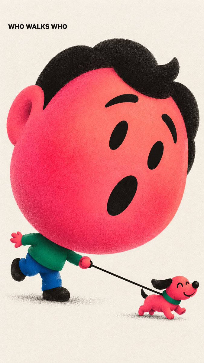 VigoCreativeAI's tweet photo. VISUAL OS 096

Huge heads, tiny bodies. Hot pink, fine grain.

WHO WALKS WHO — a tiny dog leading a giant face.
BIG LOVE SOFT STEPS — tiptoeing with a baby.
I OUTGREW THIS — a big face on a tiny chair.
SORRY IS A START — a giant face bowing with one flower.

Prompt below ↓ https://t.co/2LoEfK6EK1