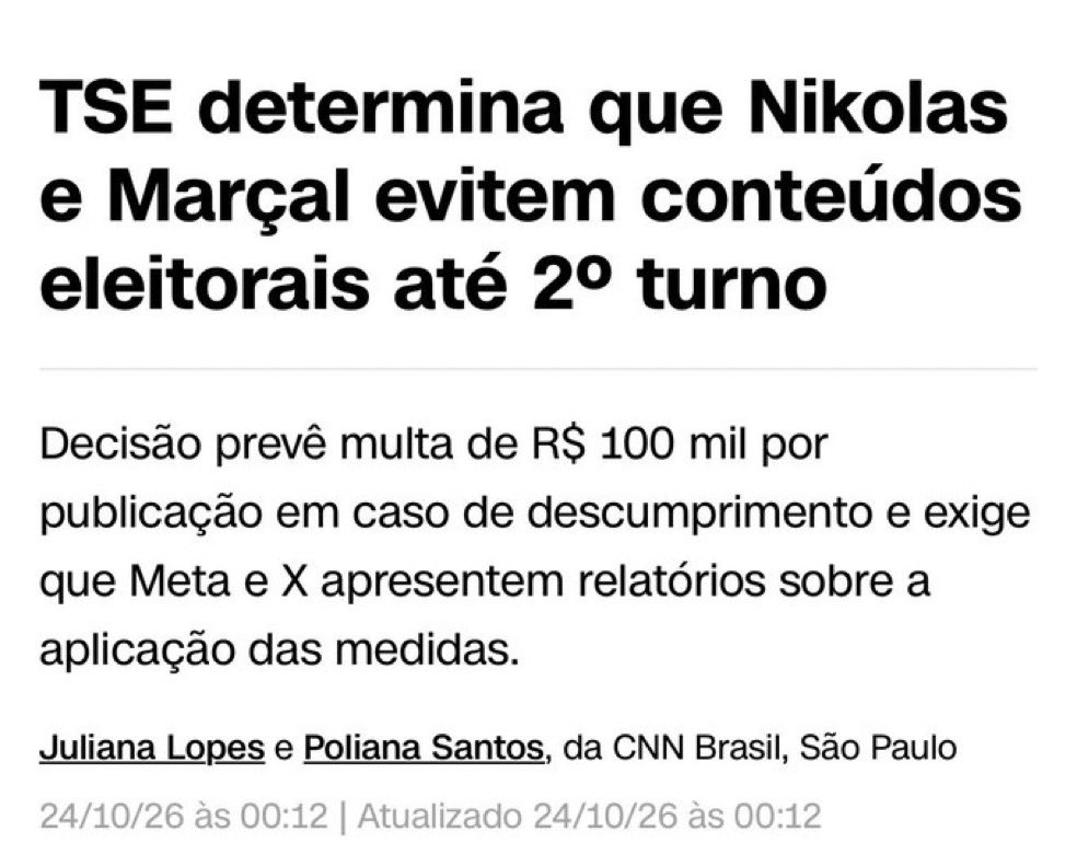 Jakelyneloiola_'s tweet photo. Isso aqui é um absurdo! 
Um deputado com milhões de votos proibido de falar sobre eleições na véspera da votação. Se isso não é censura prévia, não sei o que é! Enquanto isso, Janones parece ter passe livre para espalhar fake news.

Liberdade com multa de R$ 100 mil por post não é liberdade: é CENSURA!

Estamos contigo, Nikolas! 🇧🇷