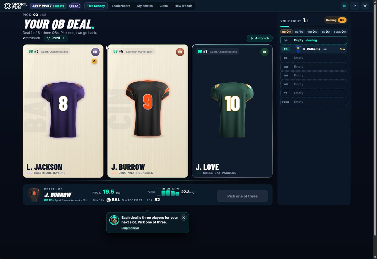 AdamFDF_'s tweet photo. NFL fans - be the first to try Snap Draft Sundays!  
 
Quick Pick 8 for daily sunday slate - 1 starter, 6 from the "dealer", 1 to close.   

Experimental side game, free to play, $250 prize pool for tomorrow beta. Feedback appreciated. 

Link in the first reply https://t.co/tPhyQAD8ai