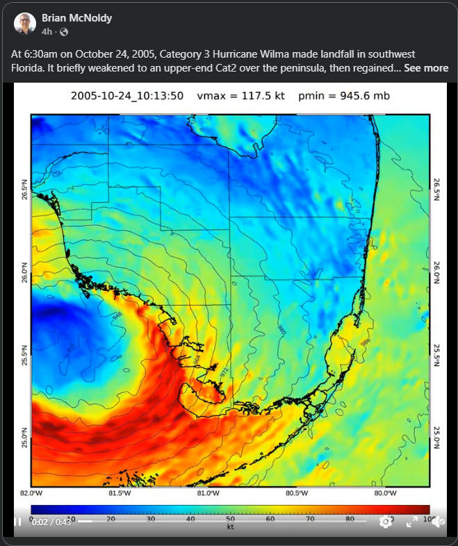 WeatherMatrix's tweet photo. Incredible animation of Hurricane Wilma's landfall on southern Florida. Because it essentially moved over a swap, it barely lost intensity and caused an unexpected amount of wind damage in the Miami area. Via @bmcnoldy.bsky.social

https://t.co/i0BkWneePO https://t.co/r77uBmCS43