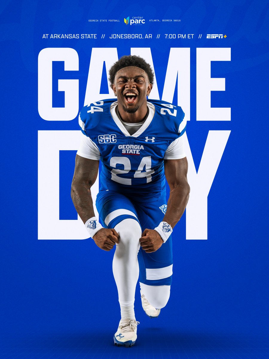 GeorgiaStateFB's tweet photo. IT'S GAMEDAY IN JONESBORO! 

🆚: Arkansas State 
⏰: 7:00 PM ET 
📡: ESPN+ / WRAS-FM 88.5 
📍: Jonesboro, AR  

#LightItBlue | #HistoryHappensHere
