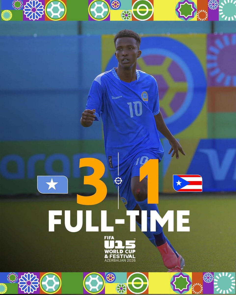 MogadishuMade's tweet photo. Congratulations Ocean Stars on your first win! 🇸🇴🎉🙌🏾
Somalia’s first-ever appearance at a FIFA World Cup tournament, and a win to start it!
Historic debut! Keep shining! 🇸🇴✊🏽
#OceanStars #Somalia #FIFAU15 https://t.co/qwhWK1rbaC