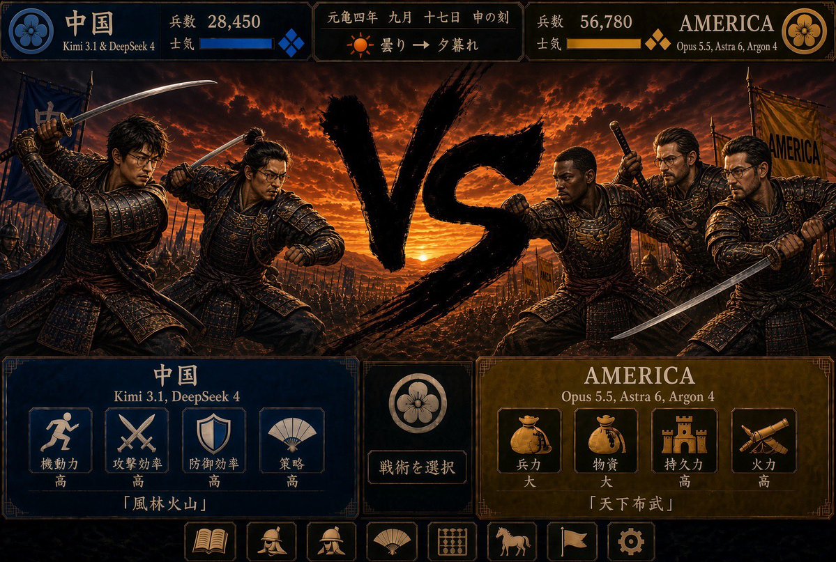 MM_Creator's tweet photo. アメリカと中国のAI合戦。何かを思い出さないか？かつて繰り広げられた日本とアメリカの自動車製造競争だ。

時は令和、AIという天下を巡る戦国の戦。

米国ビッグテック達は、さながら財力に物を言わせる大大名。今年だけで数百兆円もの社債を発行し、チップという兵糧を買い漁り、非公開の超巨大モデルという精鋭部隊を次々と投入する。金と物量で押し切らんとする戦法だ。

対する中国は、信長が鉄砲という新兵器を導入したかの如く、新たな戦術を繰り出す。MoonshotのKimi K3.1 Proは2.8兆パラメータの超大型ながら、MoEで実際に動くのはわずか約3.7%。実動を極限まで削ぎ落とし、API価格はClaude Opusの半額。しかも11月にはウェイトを公開するとのこと。

かつて日本の自動車産業が、トヨタ生産方式という「無駄を徹底的に排除する戦法」で、米国の「大きく豪華に量産せよ」という常識を覆したように。今、中国AIは「同じ性能をより安く、オープンに」という別の軸で、米国の物量戦に挑んでいる。

天下統一は、金の多寡だけでは決まらない。戦術と効率が、時代を動かすのだ。

果たしてこのAI戦国時代に天下を取り最後に微笑むのは誰か？！