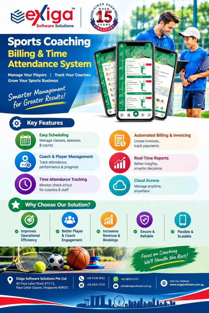 ExigaSoftware's tweet photo. 🏆 Run your sports coaching business smarter with Exiga!

✅ Easy scheduling
✅ Coach &amp; player management
✅ Attendance tracking
Coach more. Manage better. Grow faster!
🌐 https://t.co/dEYvkkj2QD
📧 Email: sales@exigasoftware.com.sg
#SportsCoaching #SportsTech #ExigaSoftware https://t.co/G54atRMtiN
