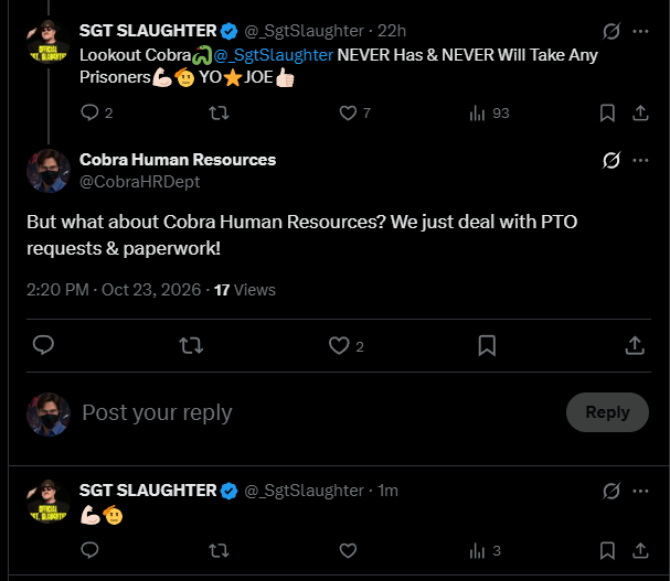 CobraHRDept's tweet photo. Spared by Sgt. Slaughter! Cobra Human Resources is safe! https://t.co/h3CPcQ2dzl
