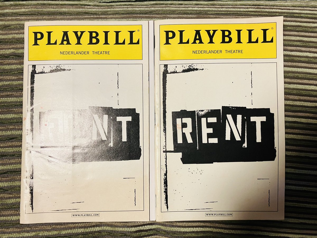 mr_mist75's tweet photo. 演劇やコンサートのパンフレット類を整理していたら、ブロードウェイの #RENT のプレイビルが２冊出てきた。
１冊は2005年３月のチケットが挟まっていた。もう１冊は不明。たぶん同じ年の夏かな。2007年か2008年にも観てぜんぶで３回。またいつかどこかで観られますように。 https://t.co/xuaM3B7quh