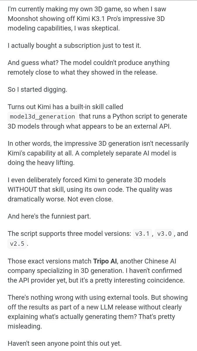 elshayib_'s tweet photo. Coming out of reddit Kimi K3.1 pro 3D work is mostly coming out of a 3D Gen model apparently. https://t.co/qvFQb1017h