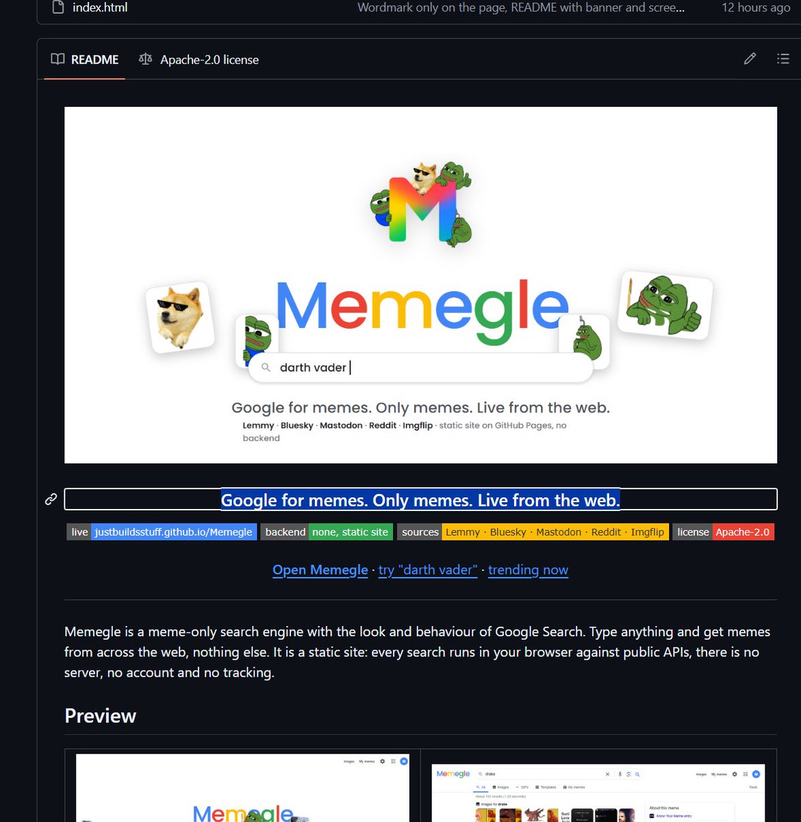 Na1_N1ako's tweet photo. THIS GUY JUST BUILT A GOOGLE VERSION BUT ONLY FOR MEMES

it's called "Memegle"

and lets you search memes across Reddit, Bluesky, Mastodon and other platforms

https://t.co/cG8MHhV720

Web: https://t.co/kzTchHtDuy https://t.co/bCyPFcaVRM