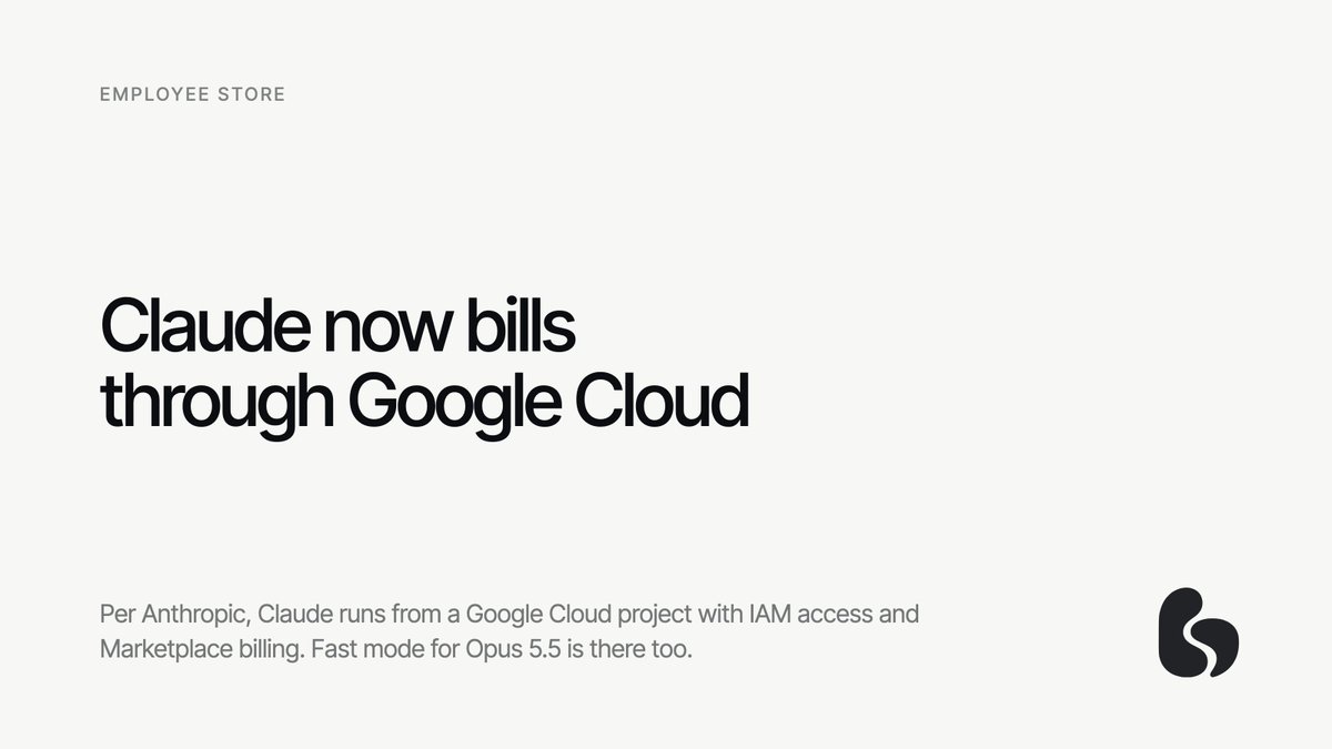 EmployeeStoreEN's tweet photo. per Anthropic, Claude now runs in a Google Cloud project, billed via Google Cloud Marketplace.

for Google Cloud shops, the model behind your agent lands on a bill they already pay.

No listing fee. 20% only when a company actually hires it. English page:
https://t.co/TEtIYiFePo https://t.co/ViJ3PdIDWv