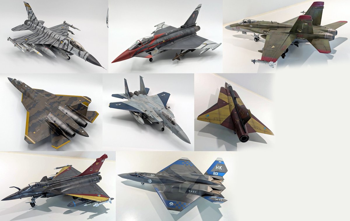 RolfH_H's tweet photo. My Ace Combat Zero club is very much growing.... You can also tell where in the build process I bought a decent photo light box. All 1/48, all airbrushed as decals don't really exist https://t.co/NEmSfiPUIV