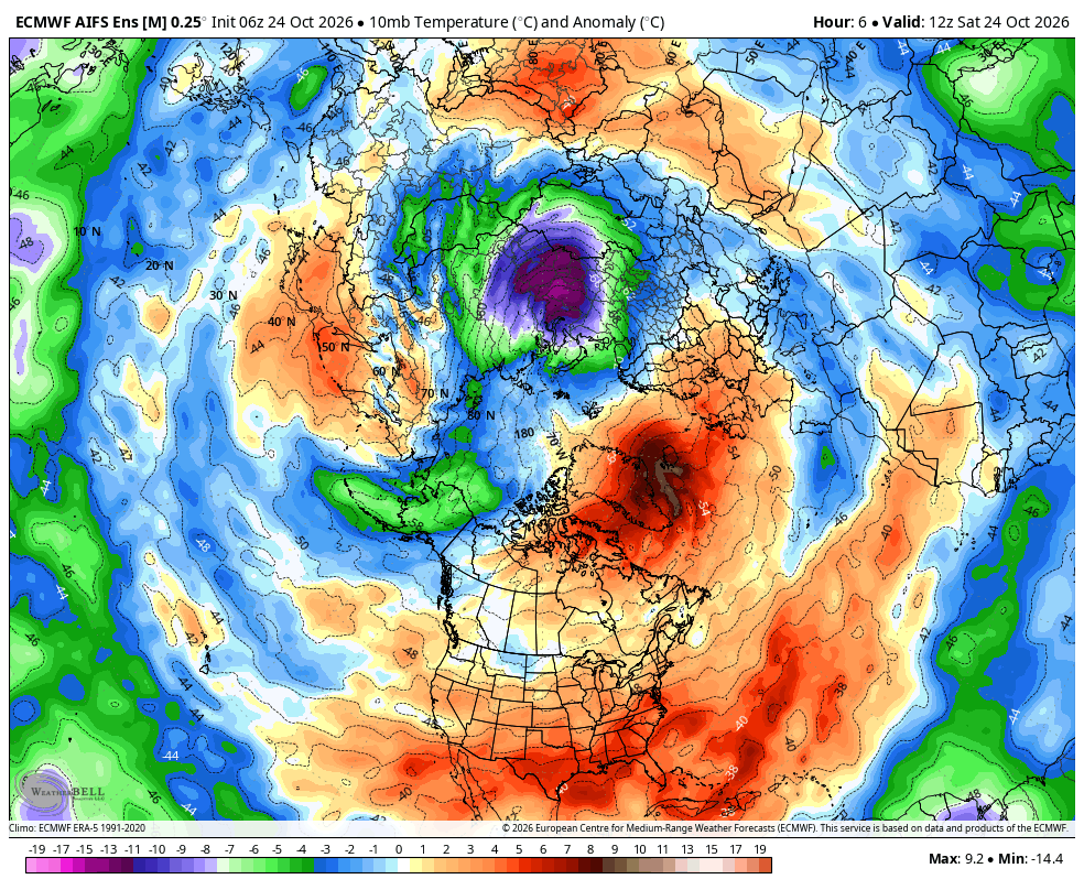 BigJoeBastardi's tweet photo. Day 1 to 15, complete flip in the stratosphere.  Expect days 15- 45 to be wild, as a powerhouse El nino intersecting with an early-season warming like this is unprecedented ( it happened in 68, but that was weak). Also my pet late-season tropical impact analog. https://t.co/f3w4O85Jn4