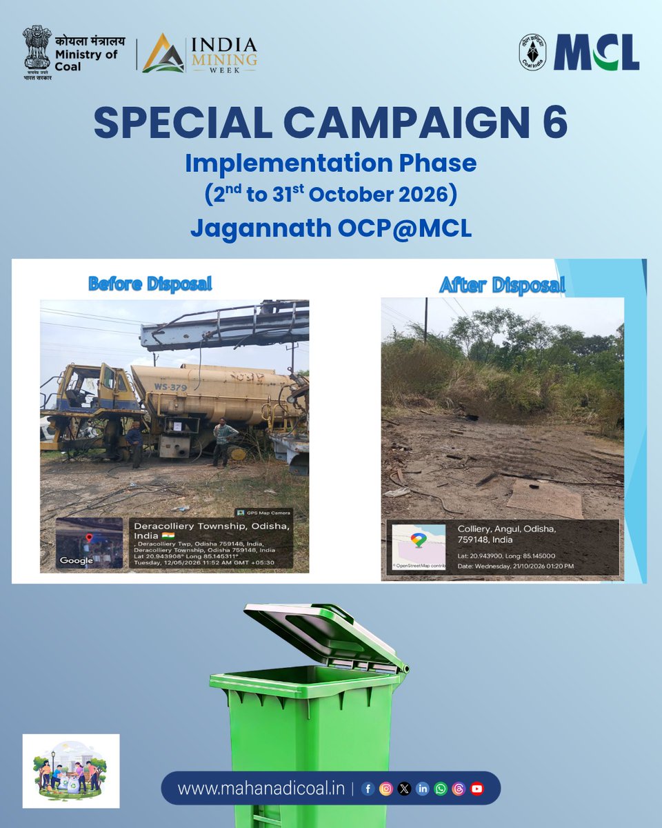 mahanadicoal's tweet photo. As part of Special Campaign 6, Jagannath OCP, MCL, undertook scrap disposal, promoting responsible recycling, efficient resource management and cleaner workspaces.
#SpecialCampaign6 #MCL #JagannathOCP #ScrapDisposal #ResourceEfficiency #CleanWorkplaces #Sustainability
@kishanreddybjp @satishdubeyy @CoalMinistry @CoalIndiaHQ @DARPG_GoI @MoJSDDWS @SwachhBharatGov @swachhbharat @MoHUA_India