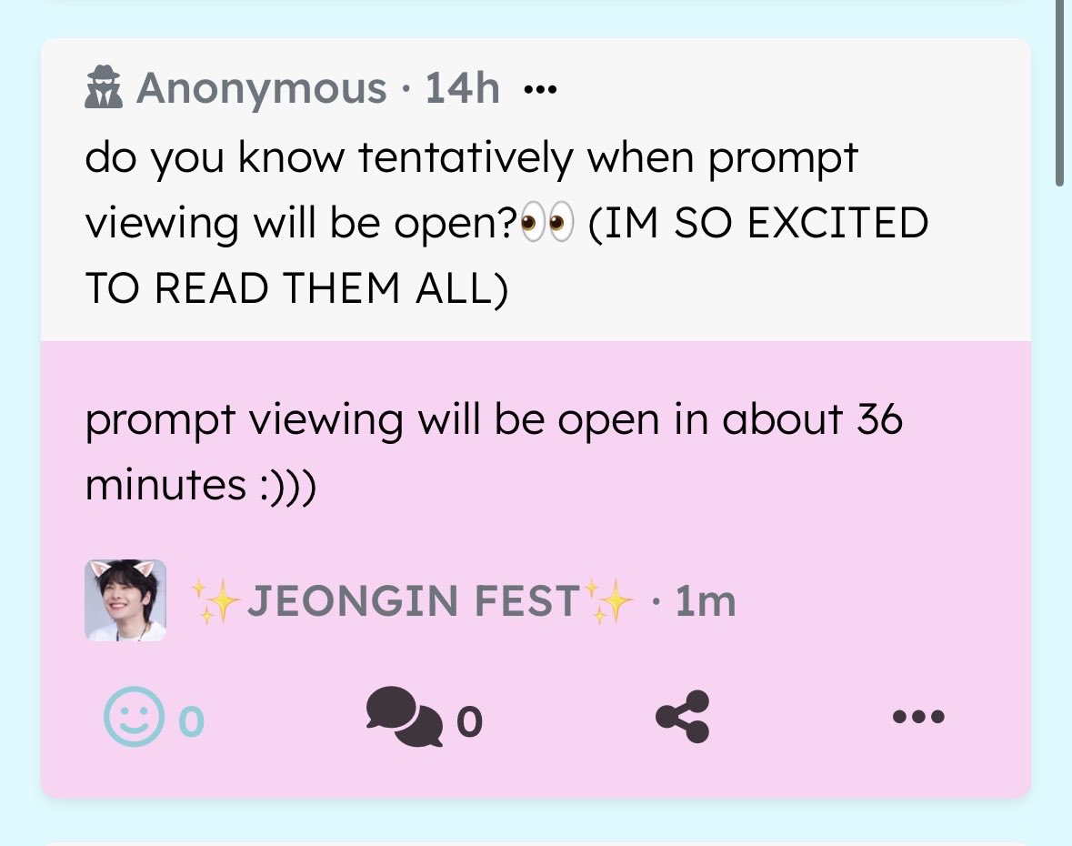 jeonginfest's tweet photo. do you know tentatively when prompt viewing will be open?👀 (IM SO EXCITED TO READ THEM ALL) — prompt viewing will be open in about 36 minutes :))) https://t.co/3NEnb3FQht https://t.co/QjFDVxV5w0