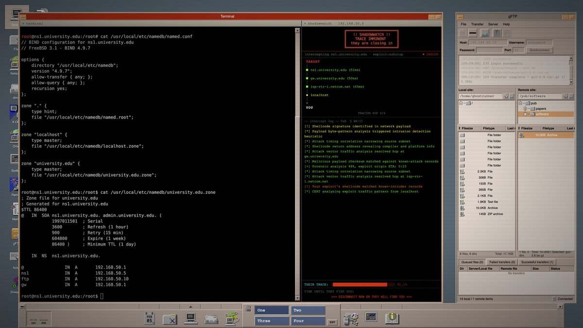 NetshellGame's tweet photo. @thepixelpicked Thanks for doing this! Netshell, a hacking sim set in 1997. Real DNS zones, real traceroute hops, and a trace counter that does not wait for you https://t.co/k2amB3NHJj