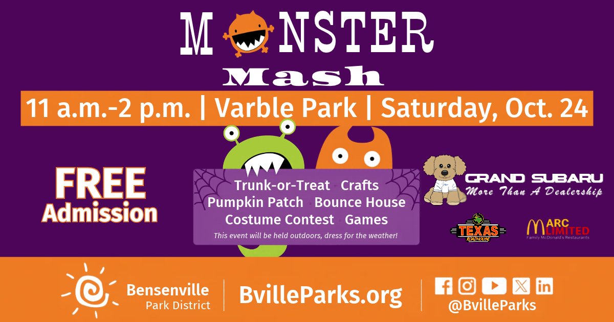 GrandSubaru's tweet photo. We’re a proud sponsor of Bensenville Park District’s Monster Mash! Sat, Oct 24, 11am–2pm, Varble Park for trunk-or-treat, pumpkin patch & more. Bring your family & dress up! see you there! More details at: https://t.co/O0fG8DvpiB
#GrandSubaru #morethanadealership #MonsterMash2026 https://t.co/ax38fl4YCM