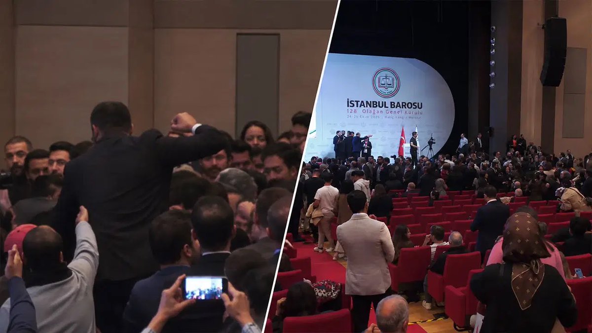 MMGundem's tweet photo. 🚨 İstanbul Barosu Genel Kurulu’nda yumruklu kavga!

Haliç Kongre Merkezi’nde düzenlenen 128. Olağan Genel Kurul’da, sloganlar ve bayrak açılması sonrası gerginlik büyüdü. Avukatlar arasında çıkan kavga nedeniyle toplantıya 15 dakika ara verildi.

#İstanbulBarosu #SonDakika #Gündem #Türkiye