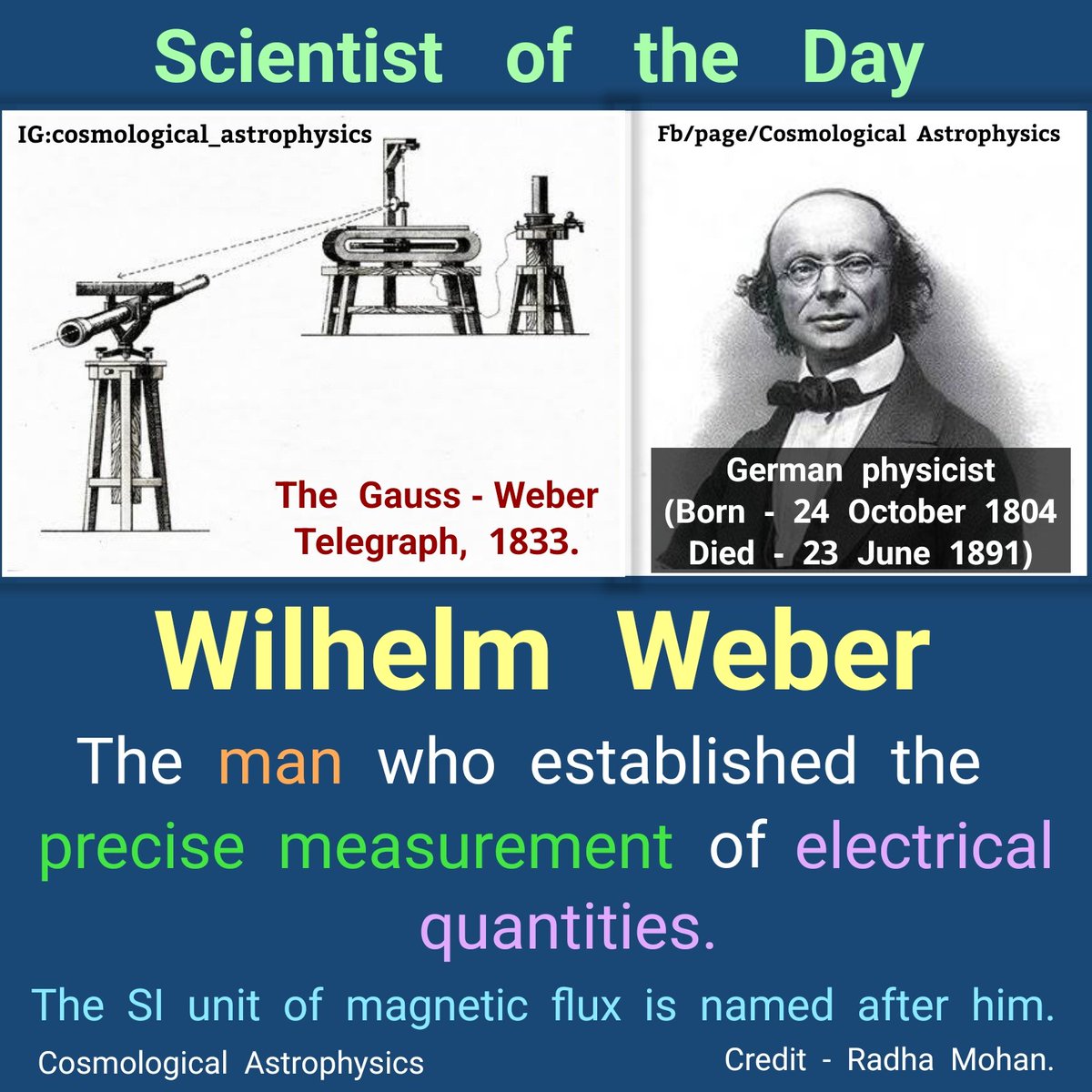 CosmoAstrophy's tweet photo. Today is October 24.

It's birthday of Wilhelm Eduard Weber, best known for his pioneering work in electromagnetism

With Gauss, he constructed 1st electromagnetic #telegraph

He was 1st to use c for the speed of light

The SI unit of magnetic flux, weber (Wb), is named after him https://t.co/j5BsDbDxb6