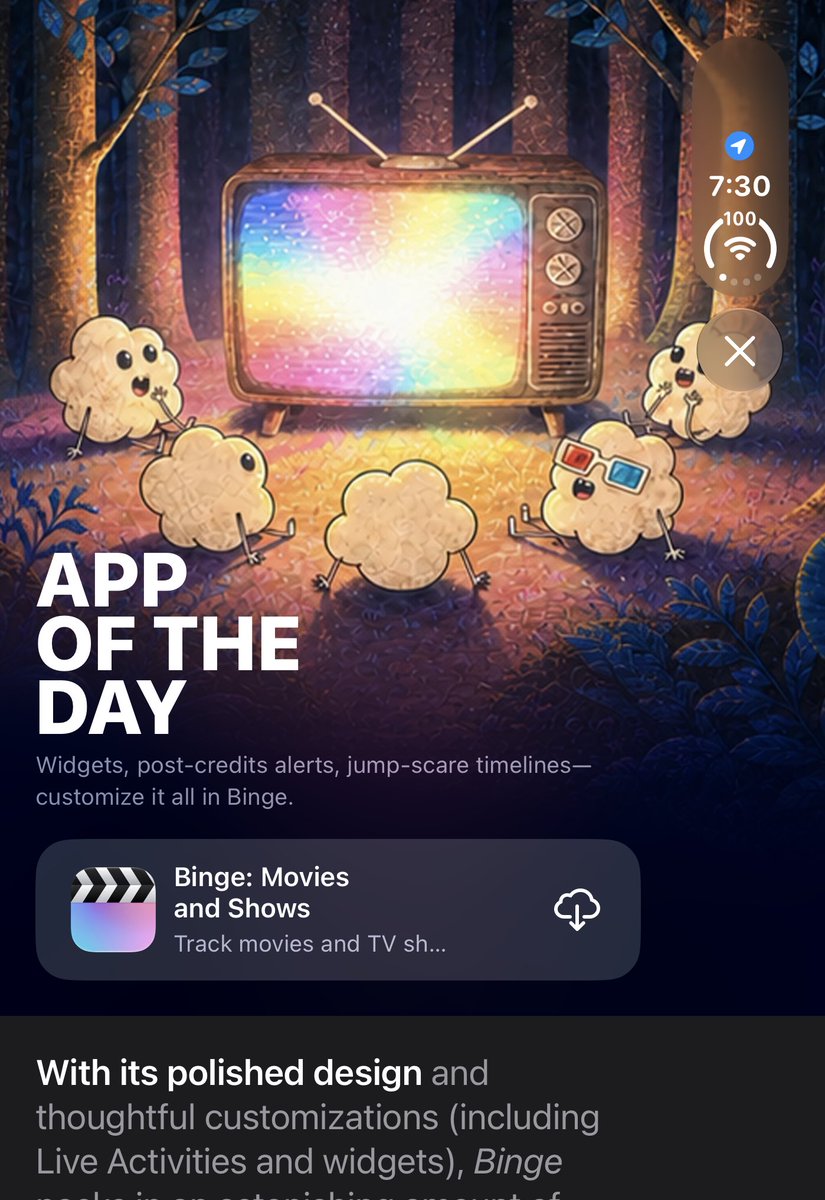 JPEGuin's tweet photo. Incredible to see Binge featured on the App Store as App of the Day today. 🥳

Thank you, @AppStore for highlighting a small indie app developer, and showing what’s possible to achieve with continued development and dedication to hand-crafting something cool.

https://t.co/25qrxpP6Vs