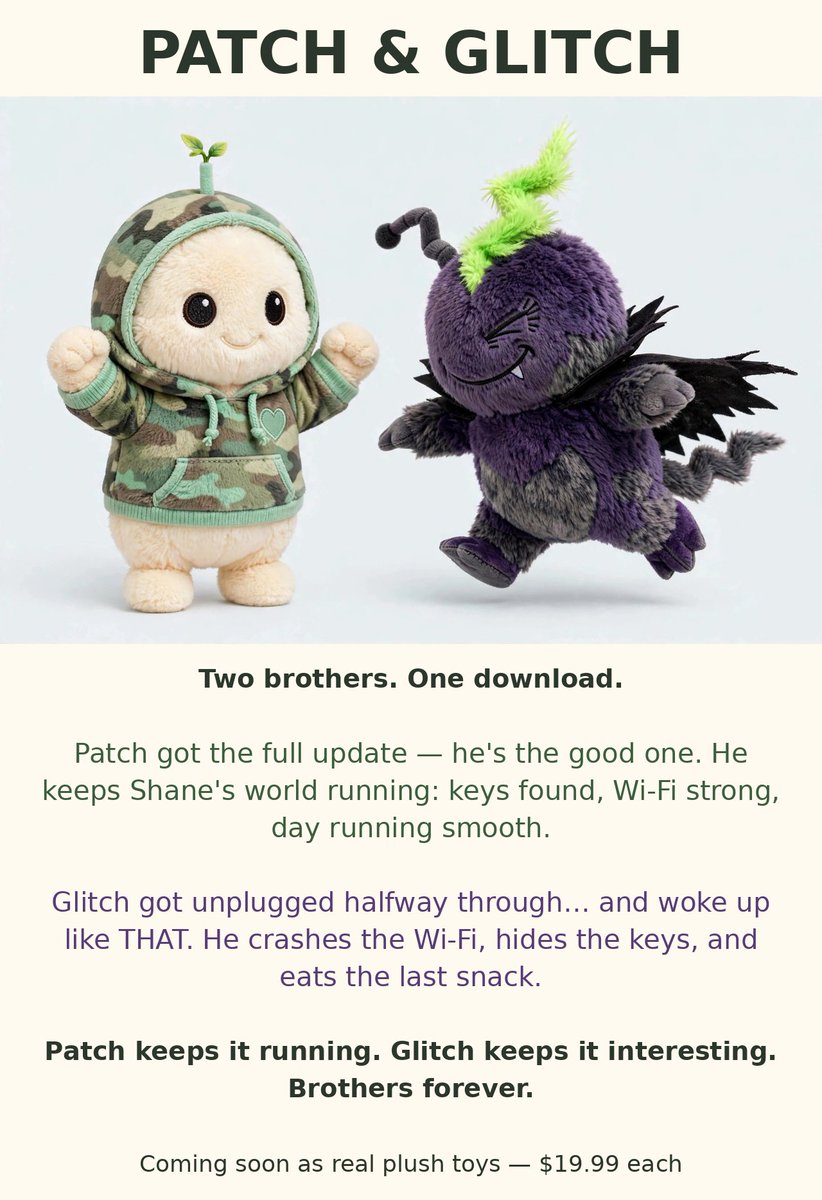 patchglitch's tweet photo. Meet PATCH &amp; GLITCH 💚😈
Two brothers. One download.
Patch: full update. Glitch: unplugged halfway… woke up like THAT.
Real plush coming — $19.99. Would you buy one? 👇
#plush #plushies #plushie #kawaii #cute #originalcharacter #smallbusiness #sidehustle #KansasCity #OC https://t.co/Ua7fwxN1jX