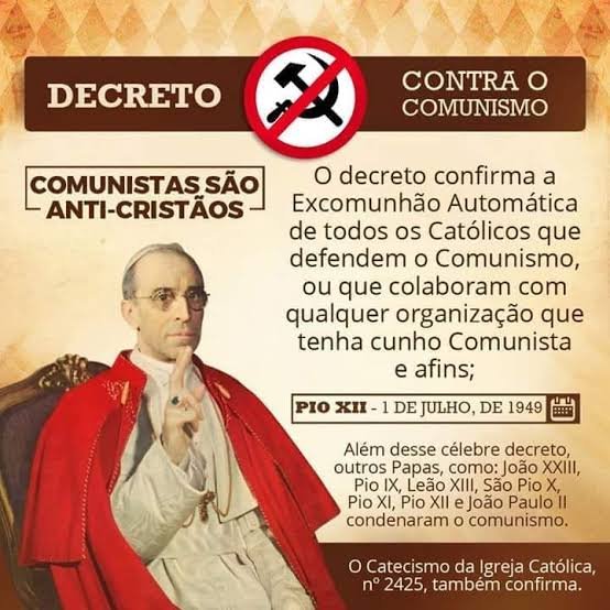 TheRealPkz's tweet photo. Amanhã é dia de eleição.

Se você, CATÓLICO, está inclinado a votar no Lula/PT, vou lembrá-lo de que compactuar com a ideologia comunista, ou até mesmo com a ideologia abortista que o PT prega, equivale à apostasia.

Lula já falou que se orgulha de ser chamado de comunista. O PT já aprovou uma resolução defendendo a descriminalização do aborto em 2007.

Então, para ser mais direto: isso vai gerar uma excomunhão automática, segundo o Papa Pio XII e o cânon 1364 do Direito Canônico. Já o Catecismo (§2425) rejeita as ideologias associadas ao comunismo, enquanto o §2271 condena o aborto provocado.

Então, vote consciente.