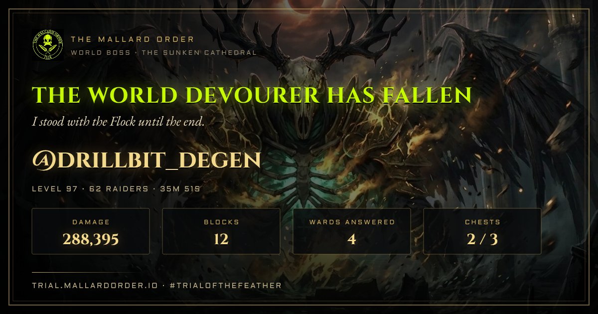 drillbit_degen's tweet photo. I stood with 62 raiders and THE WORLD DEVOURER fell.

288,395 damage · 12 blocks · 4 Wards answered · 2/3 chests

The Flock gathers at https://t.co/0VxgEzkFW6

#TrialOfTheFeather @TMO_RH https://t.co/dhVVTjh0wu