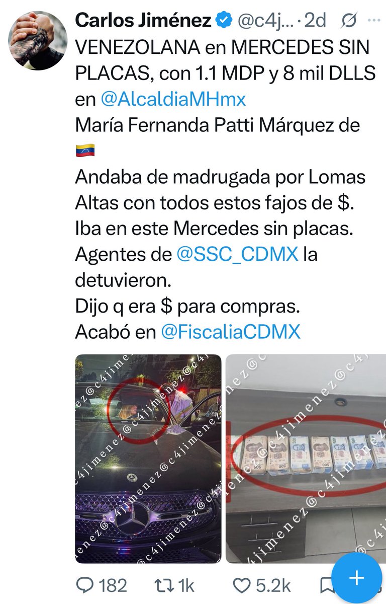 c4jimenez's tweet photo. LA MANDAN al BOTE
La @FiscaliaCDMX envió al penal Femenil de Santa Martha, a la venezolana María Fernanda Patti.
La mujer dijo ser EMPRESARIA, dueña de una compañía en @HuixquiGob
Pero no pudo explicar de dónde sacó 1.1 mdp y 8 mil Dlls q traía en efectivo.
La camioneta Mercedes en la q iba, dijo q era de su empresa “Poder calorífico”.
Agentes de @PDI_FGJCDMX la encarcelaron esta mañana.