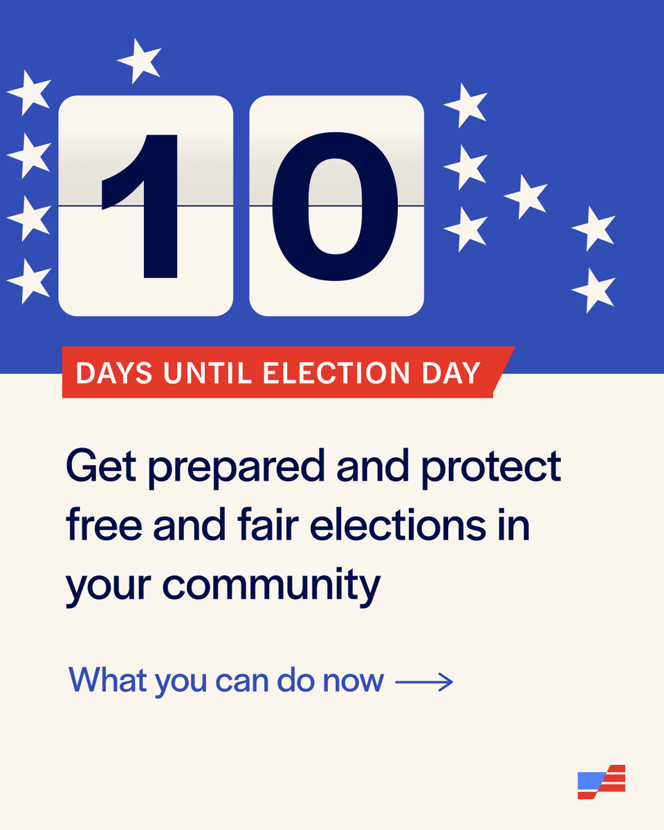 protctdemocracy's tweet photo. We’re 10 days out from Election Day. Are you ready to cast your ballot? Here's what you can do today:
✅ Check your registration
✅ Voting by mail? Return your ballot early.
✅ Voting in person? Make a plan

Prepare and protect your right: https://t.co/UBL9biAdqe https://t.co/9FhiuINxg7