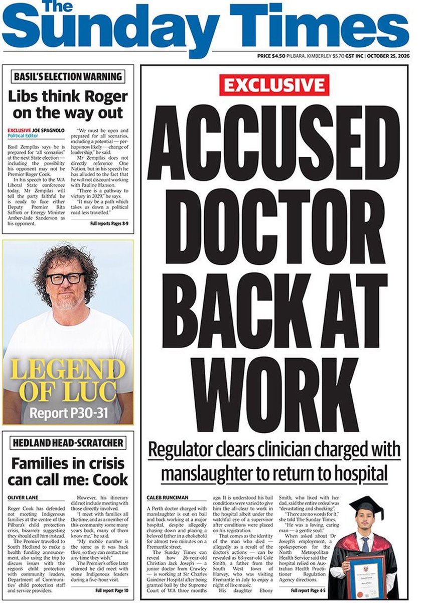 ukpapers's tweet photo. ▫ Accused doctor back at work

▫Christian Jack Joseph: Doctor charged with manslaughter back working at hospital, identity of victim revealed
▫@c_runciman
▫https://t.co/QAtYdBK3fC

@westaustralian #frontpagestoday #Australia https://t.co/FTjkGaxKbG
