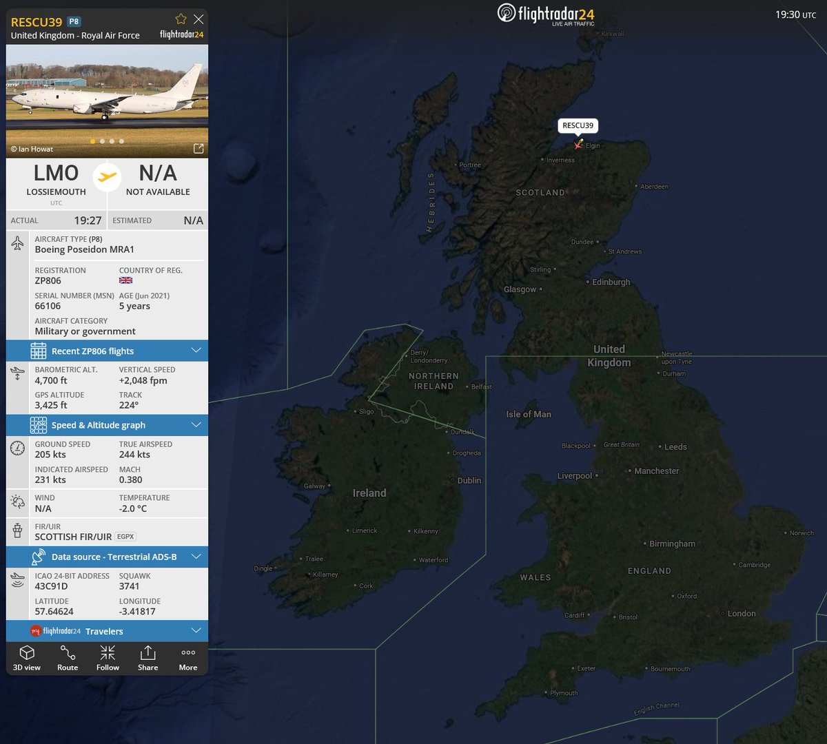 DefenceGeek's tweet photo. UK Search and Rescue Launch?

P-8A "RESCUE39" ZP806 #43C91D "Guernsey's Reply"

has just launched from RAF Lossiemouth amidst the ongoing Storm Boleo hitting the UK. The use of a "RESCUE" call-sign suggests a live SAR request.

@MATA_osint @UKDefJournal @UKForcesTracker @ArmchairAdml