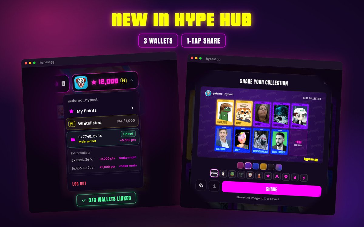 hypestgg's tweet photo. New in Hype Hub:

• Link up to 3 wallets and earn more points for your onchain activity
• Share your whole inventory in one tap https://t.co/GVZM8tlzI2