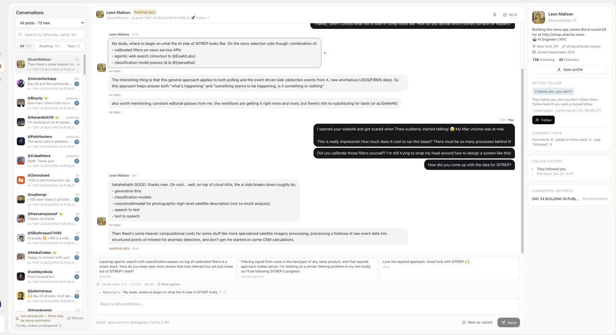reagetacc's tweet photo. @LeonMalisov @ExaAILabs @typesafeai FollowProof — I started building this one recently. It helps you track follow-backs from “Let’s connect” posts and spot people who unfollow you while you’re still following them.

It also lets you manage comments as chats instead of threads, so you don’t miss replies.

Still MVP https://t.co/BkoFcLvGSf