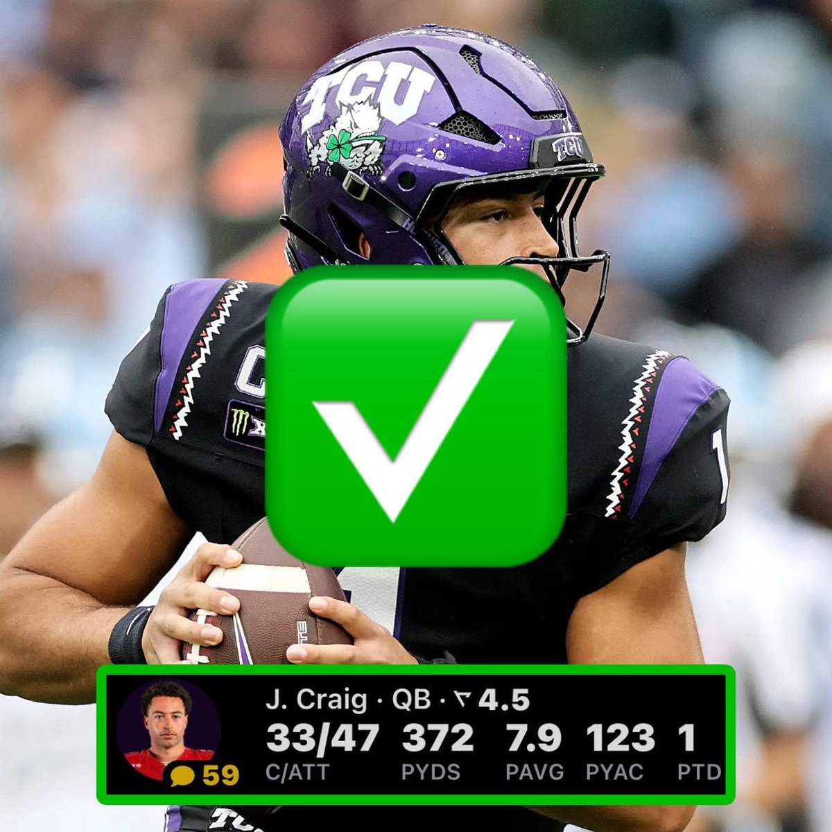 QuentinLocks's tweet photo. Jaden Craig O 288.5 Passing Yards✅✅

SO FREEEEE🤝

This defense pays us again. 3-0 on the day. 

❤️IF YOU CASHED W/ ME! https://t.co/5xjdHmEKxK