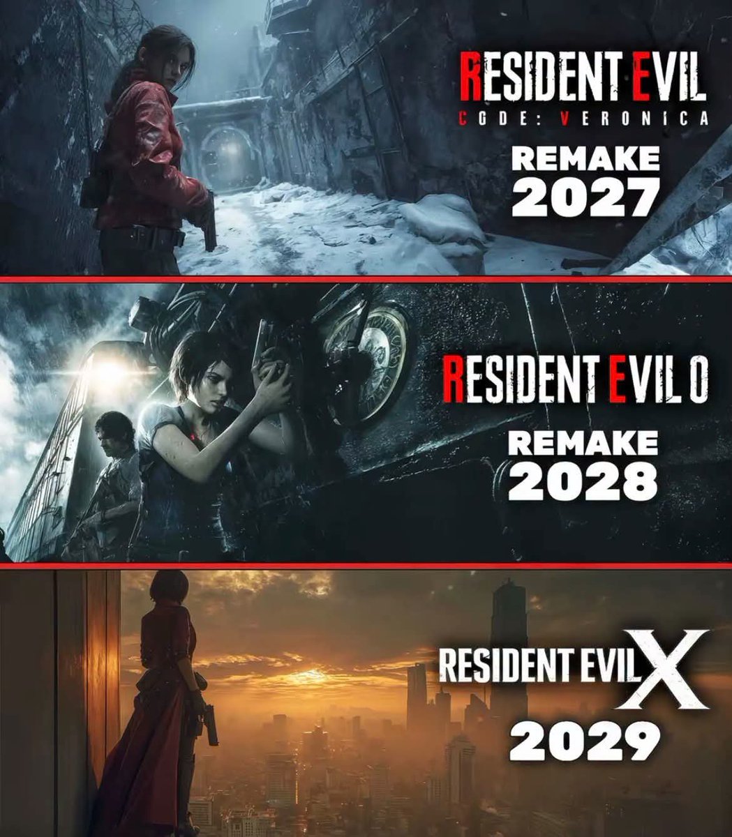 JillQueen31's tweet photo. 🔥 Three remakes. Three years. One dream. 👀

Code: Veronica (2027)
Resident Evil 0 (2028)
Resident Evil X (2029)

Which one would you want Capcom to remake first? 🧟‍♂️🎮
#Residentevill https://t.co/kKkIs3IaRe