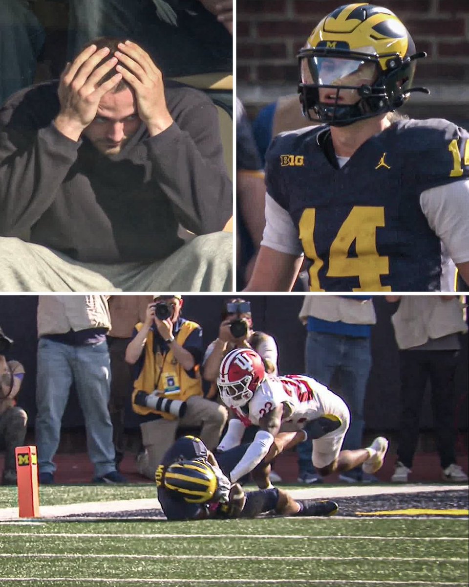SportsCenter's tweet photo. CJ Carr's reaction as No. 6 Indiana avoids the upset at Michigan! https://t.co/odWcOsMHL0