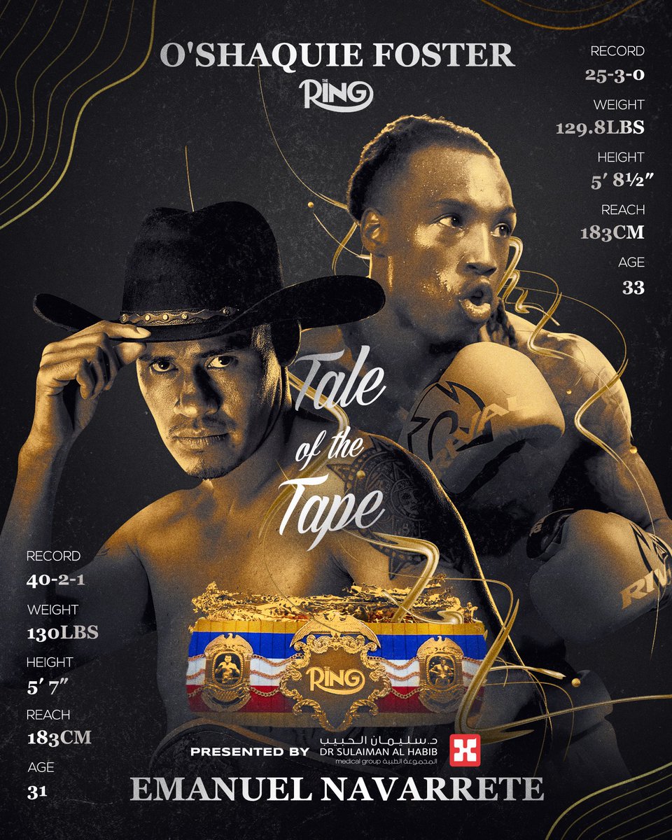 ringmagazine's tweet photo. 📋 Tale of the Tape | Presented by @HMG 

🥊 Emanuel Navarrete vs O'Shaquie Foster
👑 Ring and Unified Junior Lightweight
⏰ Tonight
📺 Live on DAZN
📍 San Antonio, TX 🇺🇸 https://t.co/WLTZ7ciNhR