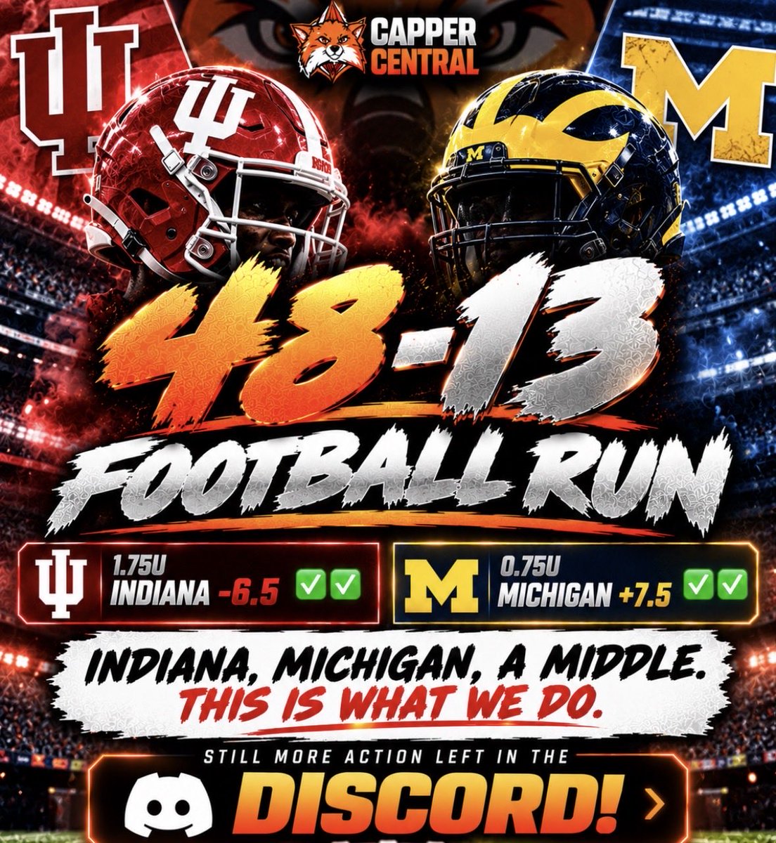 CentralCapper's tweet photo. 🚨48-13 Football Run

1.75U Indiana -6.5 ✅✅
.75U Michigan +7.5 ✅✅

Indiana, Michigan, a middle. 

This is what we do. Still more action left in the discord!

➡️ https://t.co/xGxu8OYUCl https://t.co/QqMcmQ49Zd