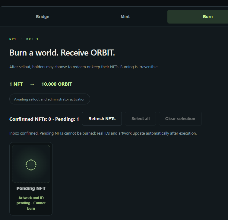 ElysiumOrbit's tweet photo. 🪐 Finished minting?
Once your HyperEVM submission is confirmed, open the Burn tab to see your pending NFTs.

Your planet’s artwork and ID will appear automatically after batch execution—approximately every 3 hours, though timing may vary.

No extra reveal transaction needed. ✨

🪐 Mint a world. Unlock $ORBIT.

Once all 10,000 NFTs are minted:

🔥 Burn 1 NFT → Receive 10,000 $ORBIT

We plan to enable burning on November 9, alongside the expected mainnet launch, provided the collection has sold out.

Our commitment for collected HYPE:
💧 90% will fund liquidity, with the LP position permanently locked.
🏛️ 10% will go to the treasury.
Keep your planet or burn it for $ORBIT. Your choice.
https://t.co/qnndRIUObB

#ElysiumOrbit #Elysium #ORBIT