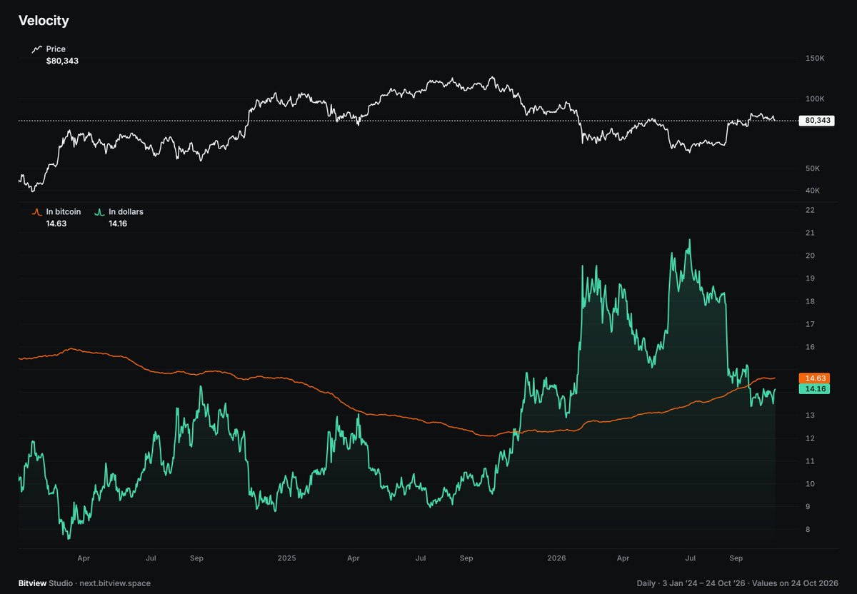 _bitview_'s tweet photo. Bitcoin's velocity has intensified significantly during this bear market. It has been higher than at any of Bitcoin's tops since 2023.

This indicator is a way to observe network activity by comparing annual transfer volume to market cap, and thereby investor activity as well.

It's quite interesting to see that Bitcoin's velocity is higher during capitulation episodes than at ATHs.

Chart Link : https://t.co/ZXcAudWZy6