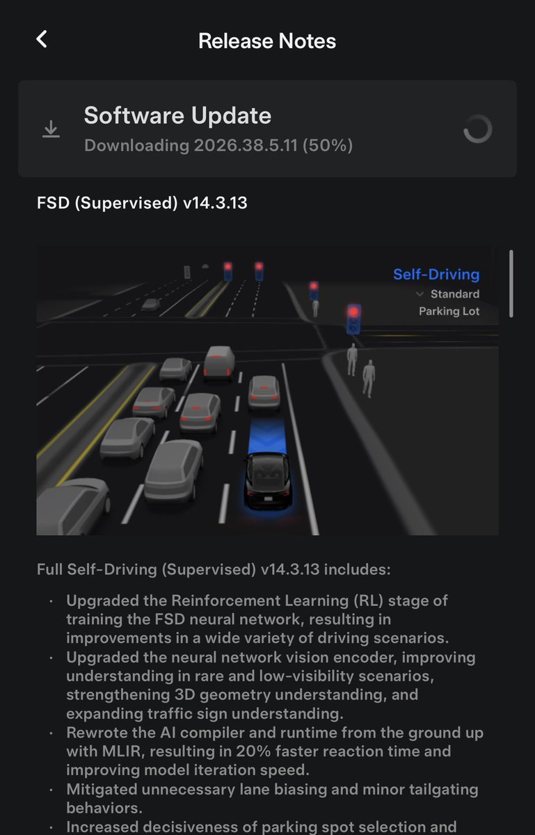 BLKMDL3's tweet photo. New software update! 2026.38.5.11 incoming. 

Still FSD v14.3.13 and v14.3 lite. https://t.co/ArDflotBF7