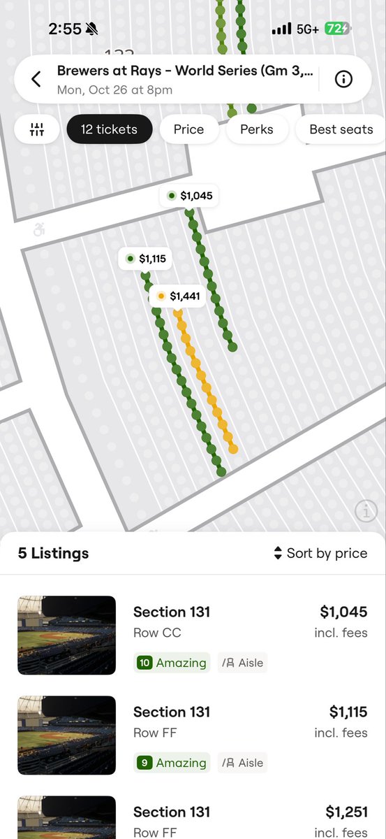 ProblemsMlb's tweet photo. @WillJen33752275 @caseyflip22 When the seller doesn’t like seat numbers it highlights the whole row being but it’s a straight line. If they define seat numbers, there would be dots on each seat. Second screenshot is in Tampa. See the dots vs straight line? https://t.co/NOSIPQhpK4