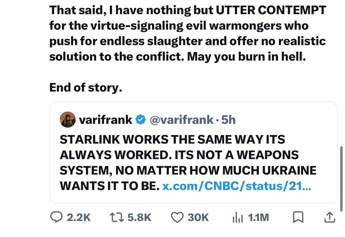 MeidasTouch's tweet photo. There it is. Elon Musk admits it.

“That loophole was closed last week.”

In a deranged post on X, Musk openly acknowledges that SpaceX recently restricted Ukraine’s ability to use Starlink.

He then declares that Ukraine’s front line would “collapse immediately” if Starlink were turned off, insists that’s “NOT a threat,” and tells his critics to “burn in hell.”
