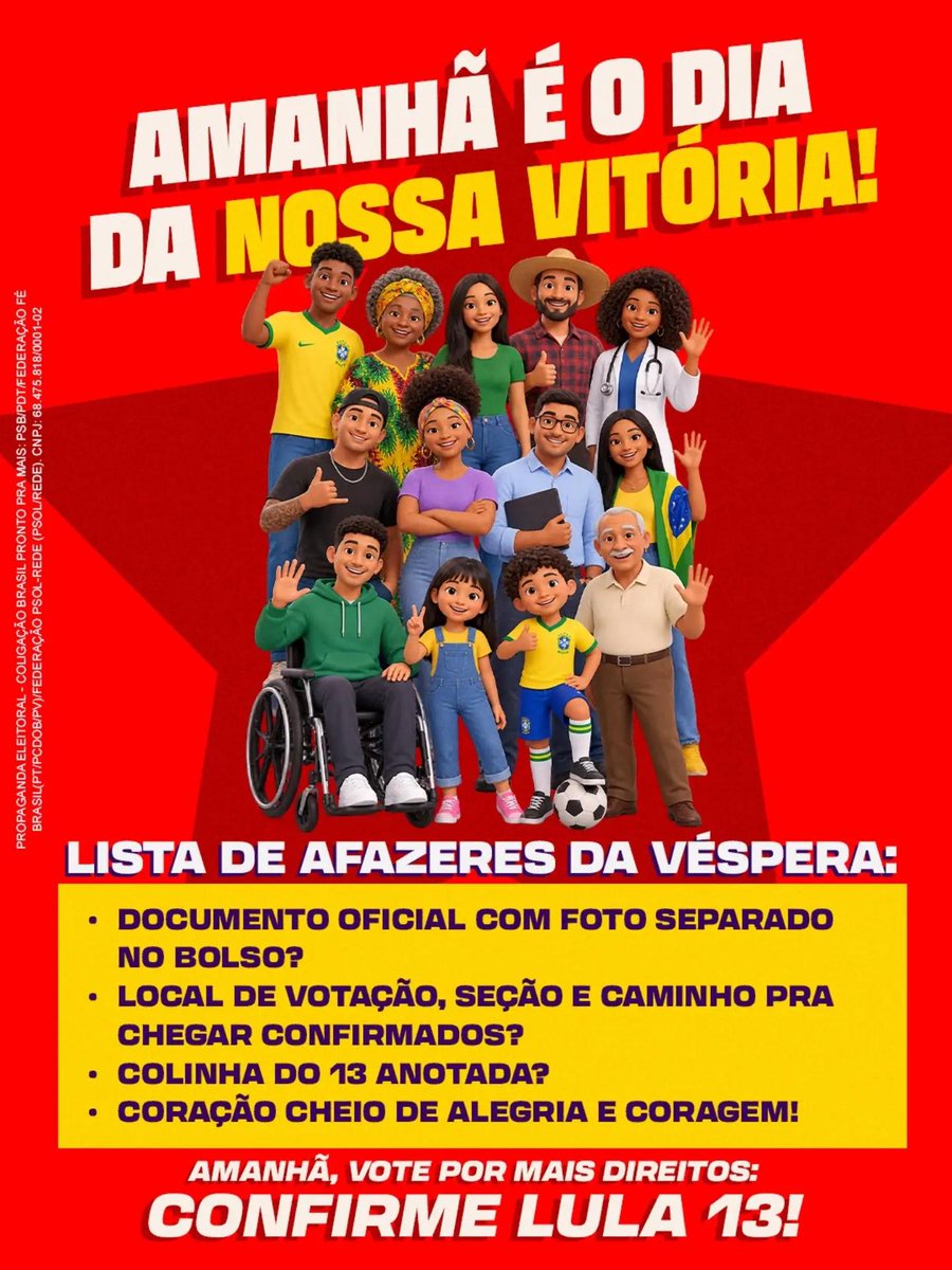 HoracioBridon's tweet photo. #ComLulaNaRua

Já deixa tudo no jeito, hein? 👊

Amanhã vai ser só acordar, sair de casa, apertar o 13 e respirar aliviado no final do dia porque ajudou a salvar o nosso país! ♥️

Ajude alguém a conferir tudinho, converse com quem ainda precisa ser convencido e bora pra cima! 🚀

Vamos vencer! 💪🏾