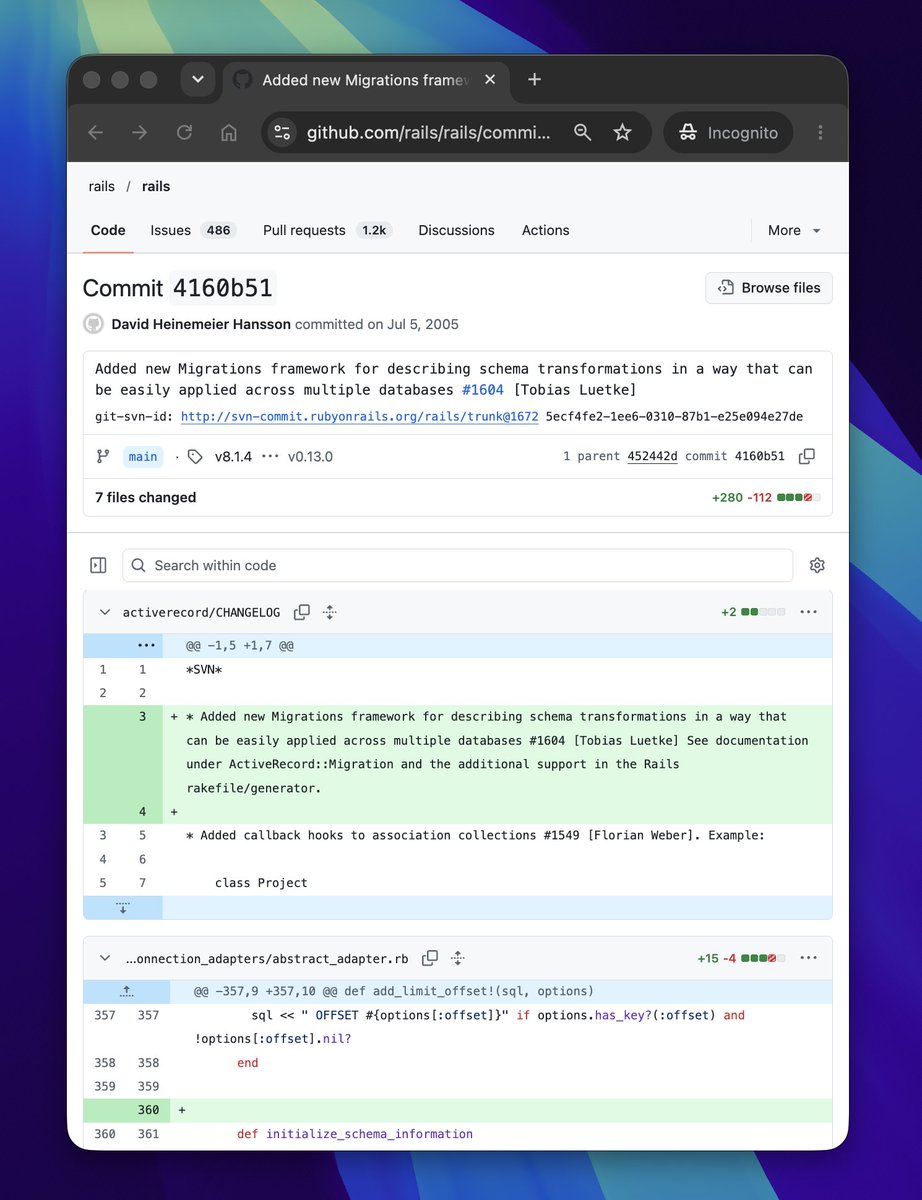 nicksdot's tweet photo. Just remembered how we back then manually modified databases. Was curious since when migrations were a thing. Then learned they comes from Rails. Here is the commit from 21 years ago that basically invented what's standard today.

@tobi and @DHH 👀 https://t.co/N1rq2s23uY