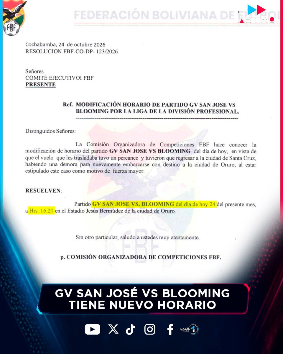 AstroMultimedio's tweet photo. 🕠GV SAN JOSÉ VS BLOOMING TIENE NUEVO HORARIO ⚽

Finalmente el partido en Oruro se va a disputar a las 16:20 h, tras los problemas logísticos de la #AcademiaCruceña.

#AstroMultimedios #Blooming #AcademiaCruceña #retraso https://t.co/8O3deNXLCh